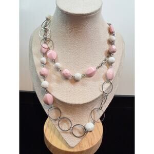 Boho Beaded Necklace – Pink/White Mix on Silvertone | 22” Drop